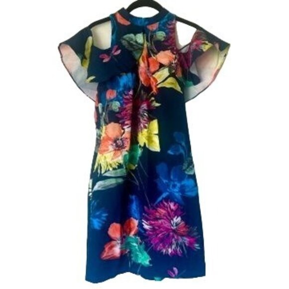 New Trina Turk Cold Shoulder Floral Navy Sheath Dress Size 2 - Picture 2 of 11